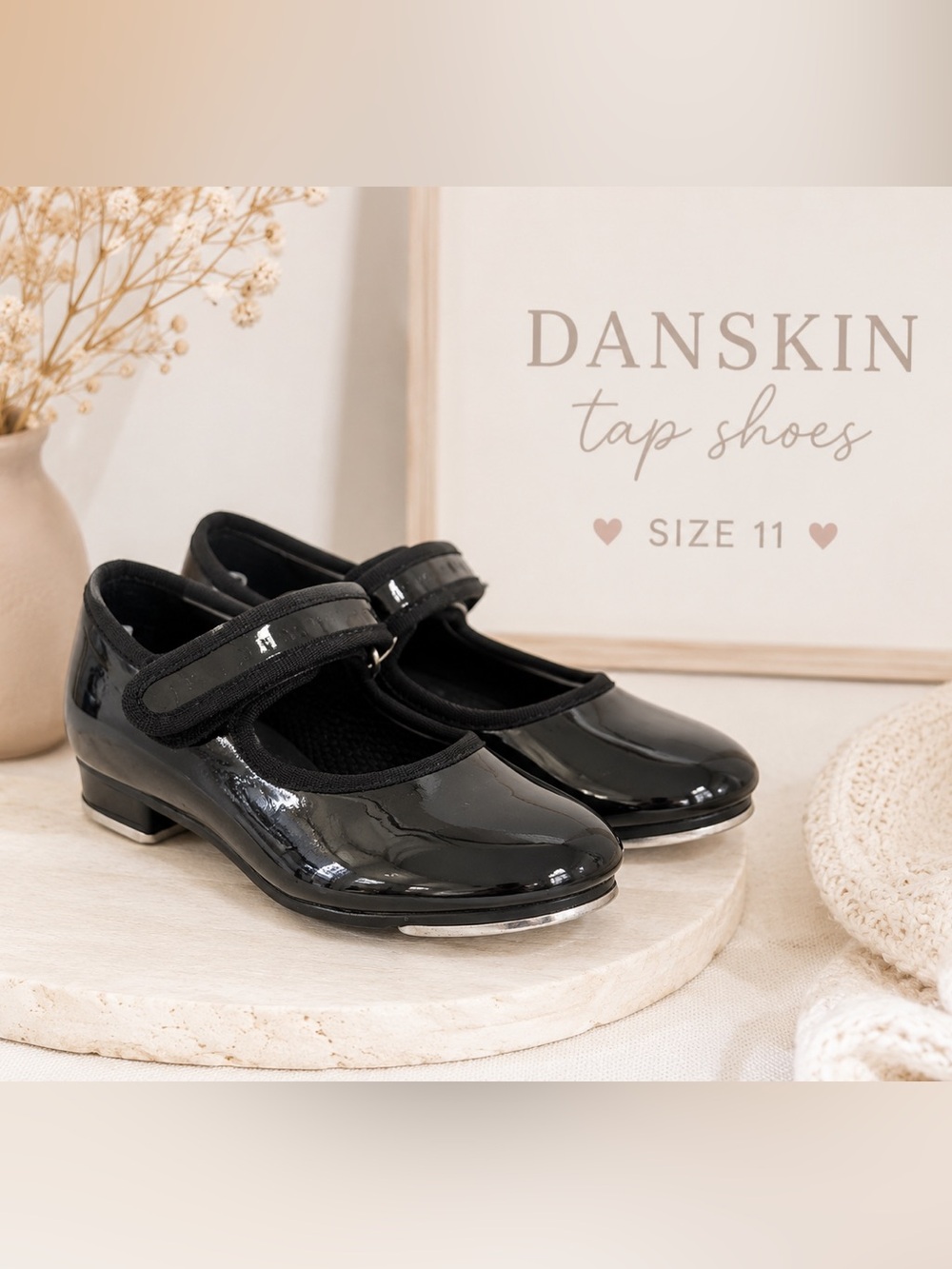 Danskin Patent Tap Shoes Girls Size 11 Black Mary Jane Dance Recital with Velcro
